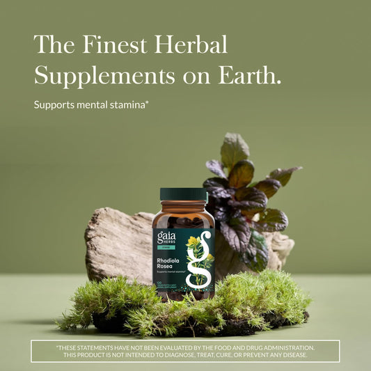 Gaia Herbs Rhodiola Rosea dropper cap close-up highlighting potency.
