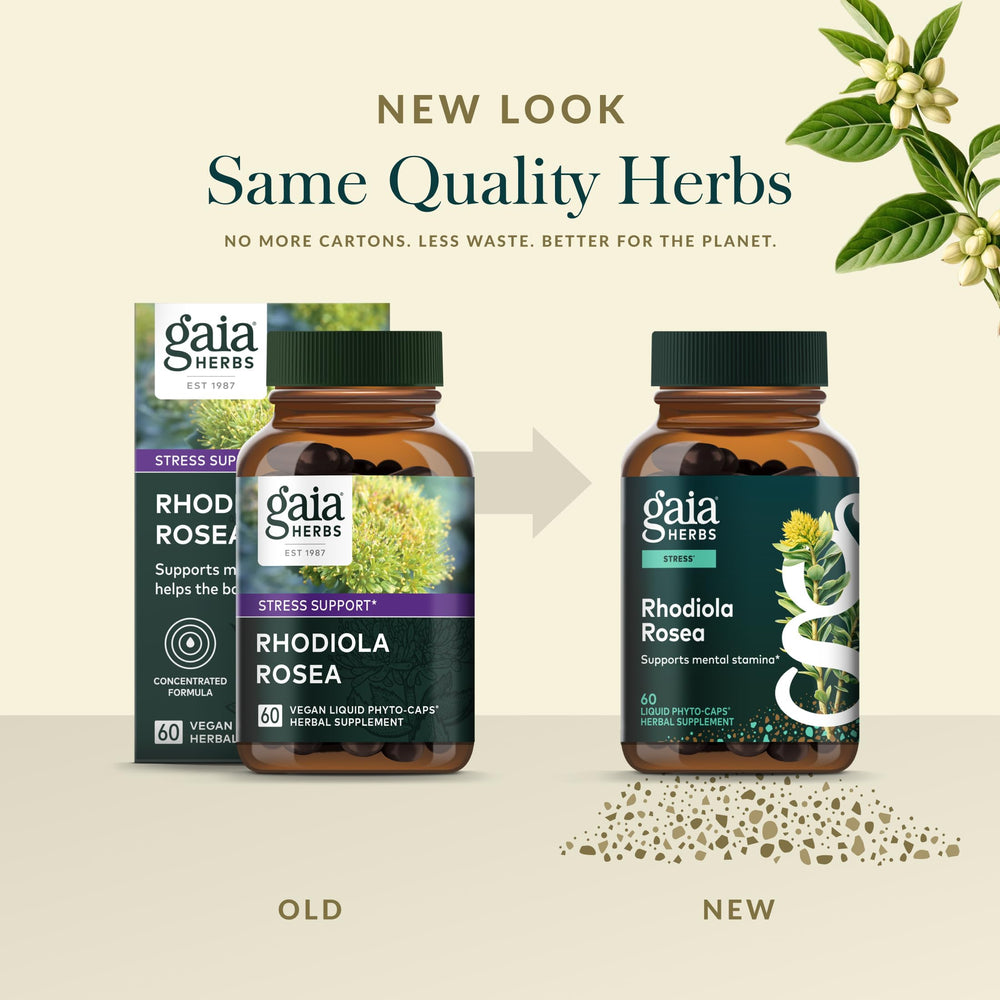 Gaia Herbs Rhodiola Rosea image emphasizes sustainable sourcing for responsible use.
