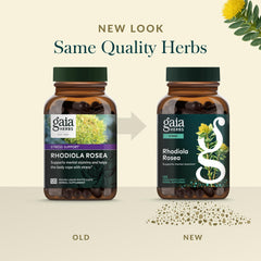 Gaia Herbs Rhodiola Rosea bottle with sustainability badge.