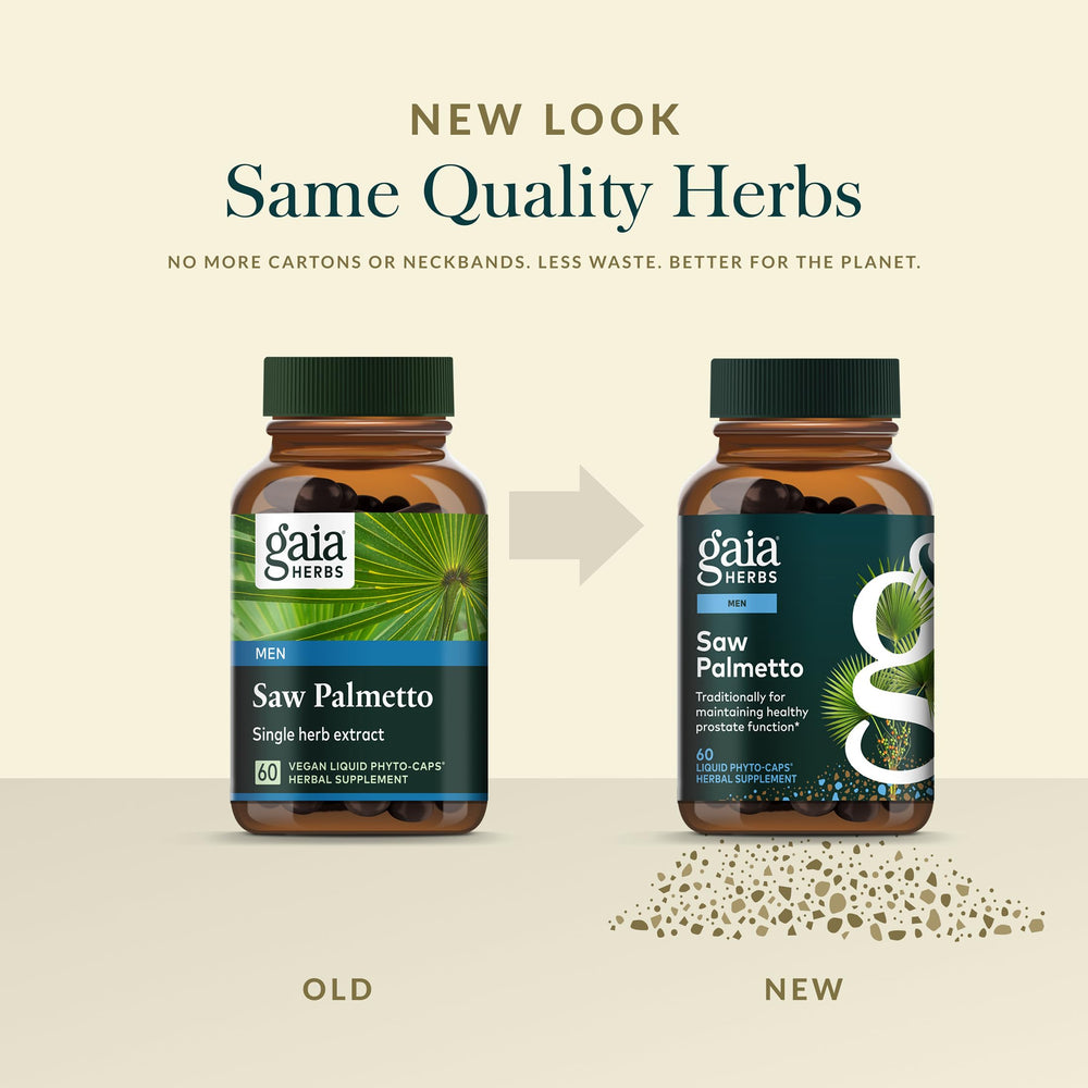 Bottle being poured with Gaia Herbs Saw Palmetto capsules