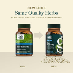 Bottle being poured with Gaia Herbs Saw Palmetto capsules
