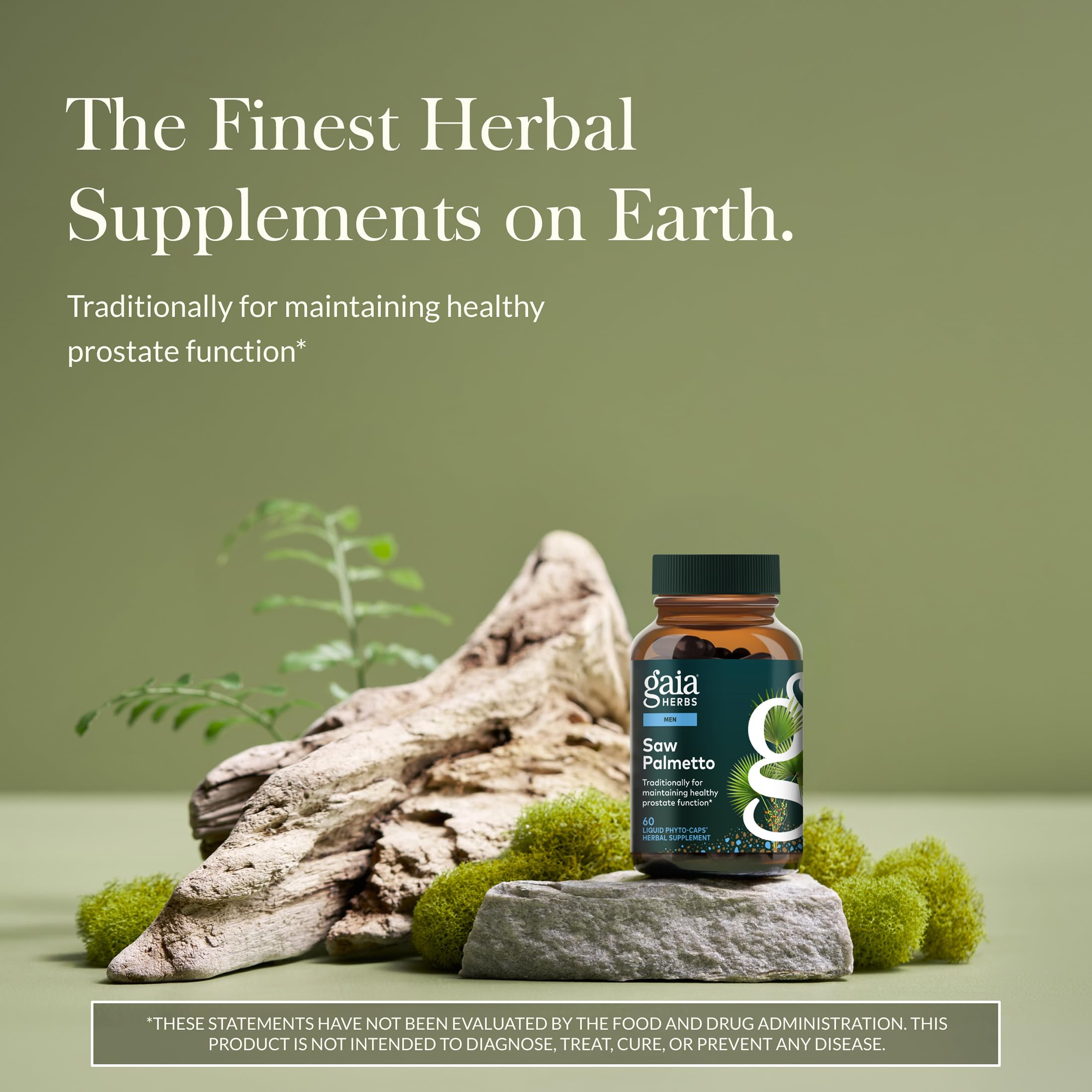 Close-up of Gaia Herbs Saw Palmetto label highlighting vegan formula