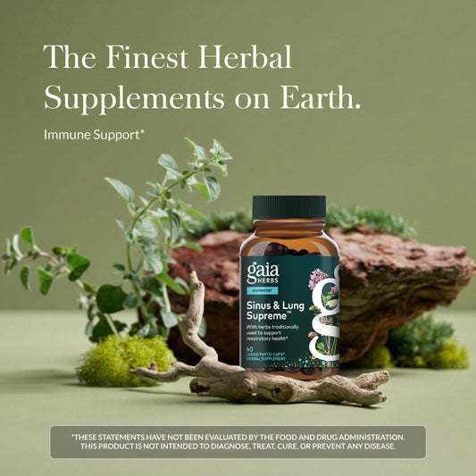 Gaia Herbs Sinus and Lung Supreme bottle back showing dosage directions for daily use.