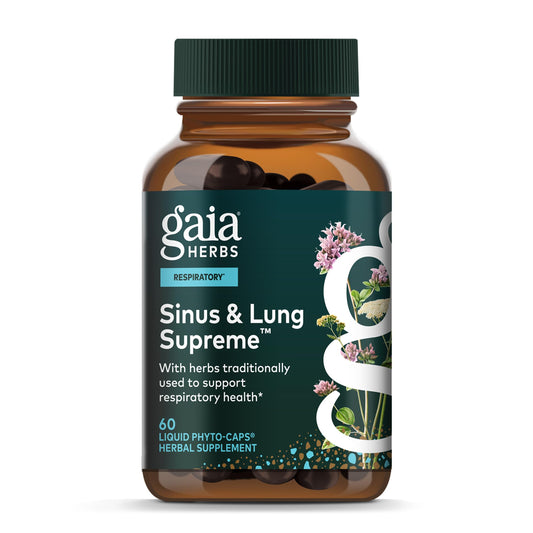 Gaia Herbs Sinus and Lung Supreme bottle front with vegan capsules for respiratory wellness.