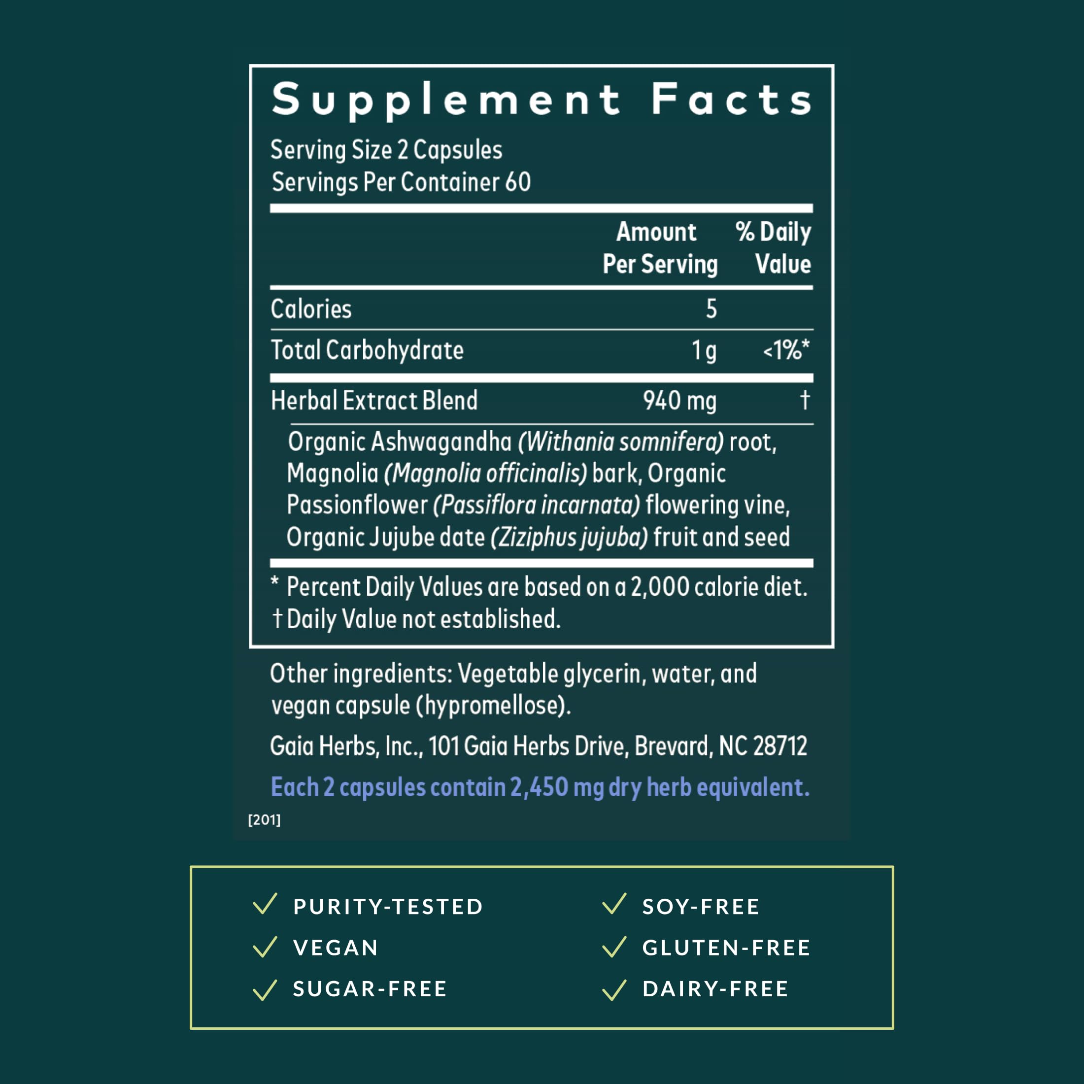 Gaia Herbs SleepThru ashwagandha roots visual signals stress support and nighttime calm.
