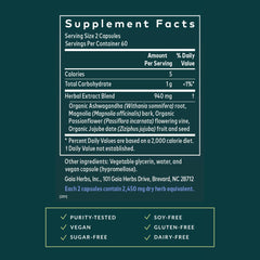 Gaia Herbs SleepThru ashwagandha roots visual signals stress support and nighttime calm.