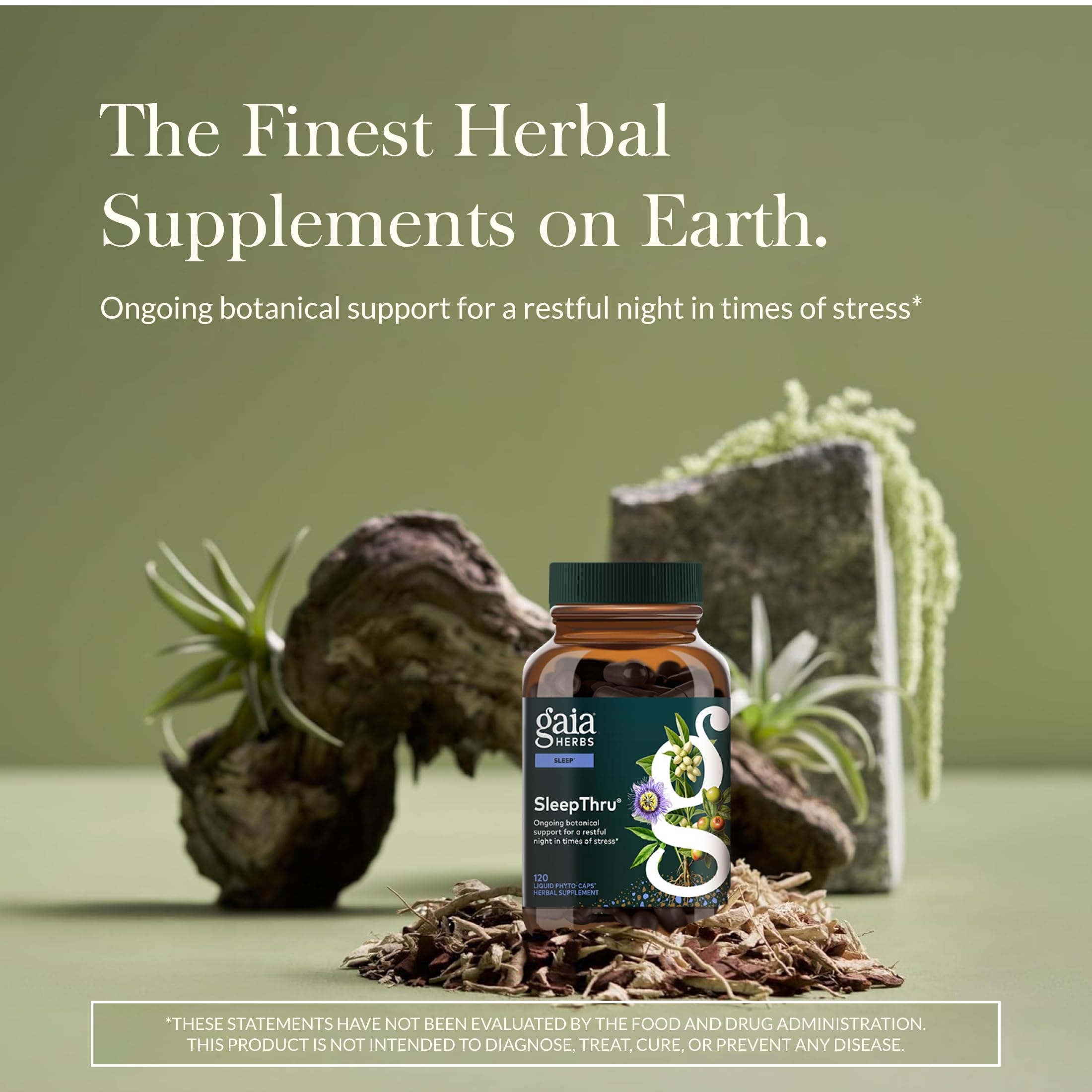 Gaia Herbs SleepThru capsules closeup with label, highlighting herbal formula.