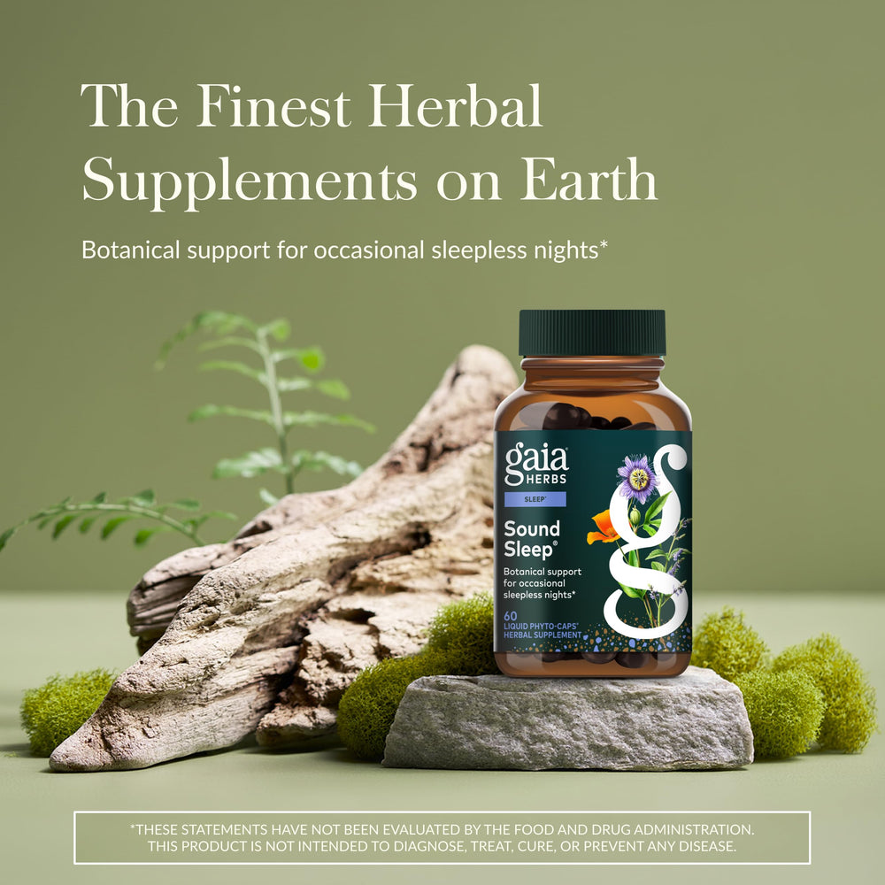 Gaia Herbs Sound Sleep capsules closeup highlights vegan liquid phyto-capsules for rest