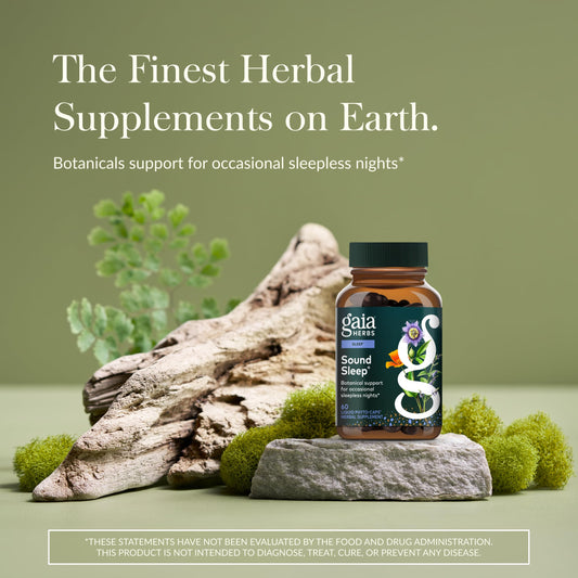 Gaia Herbs Sound Sleep label close-up highlighting organic ingredients for wellbeing.
