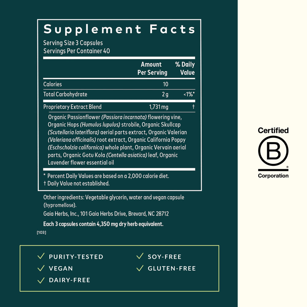 Gaia Herbs Sound Sleep label view emphasizes quality and natural sleep support ingredients