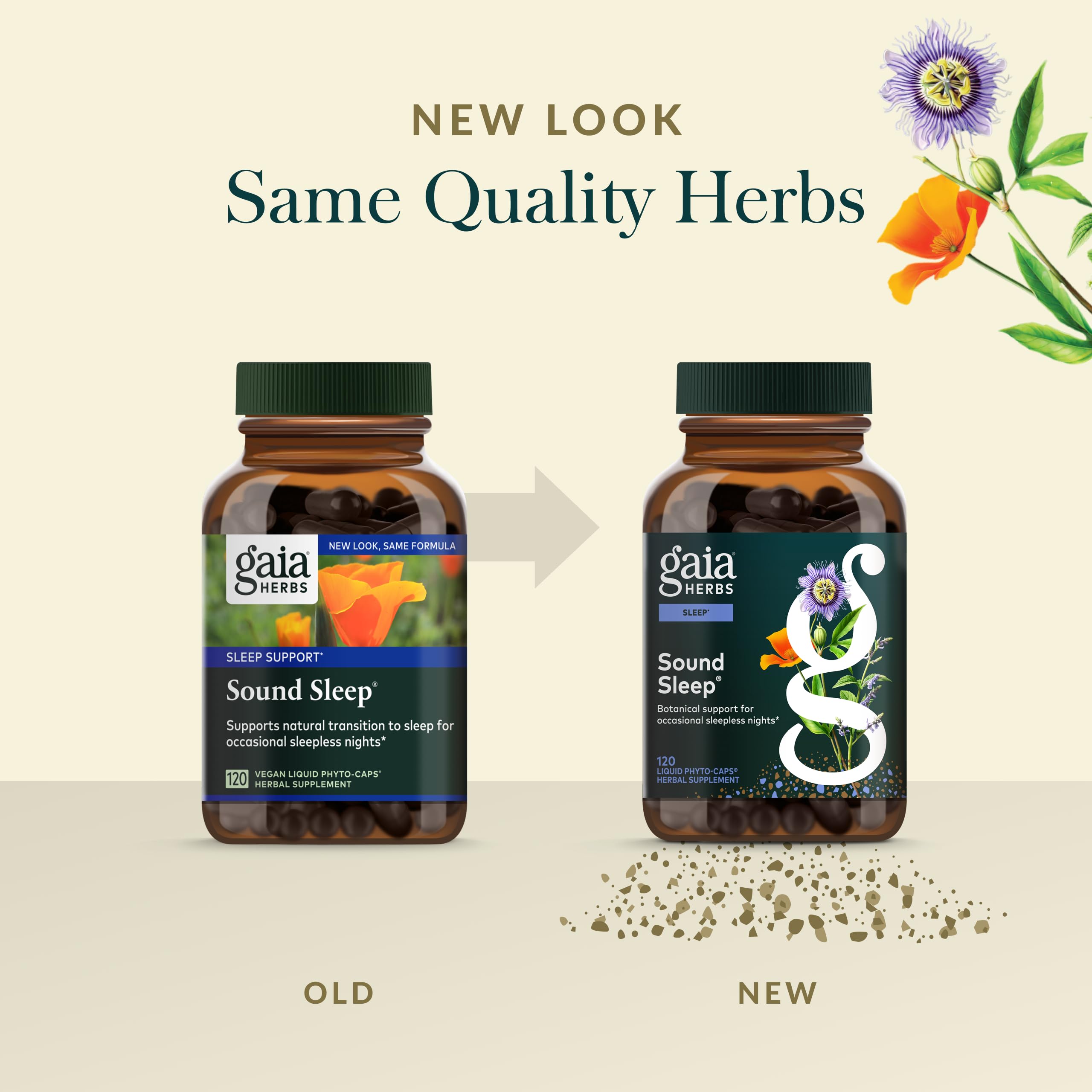 Gaia Herbs Sound Sleep capsules in closeup illustrate plant-based, vegan formula