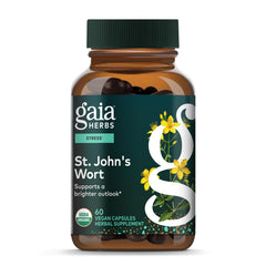 Gaia Herbs St. John's Wort bottle closeup shows trusted herbal packaging
