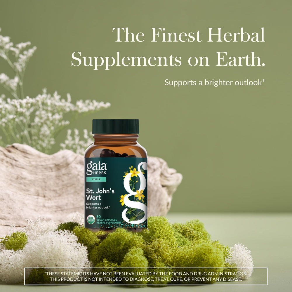 Gaia Herbs St. John's Wort capsules spread suggests daily use