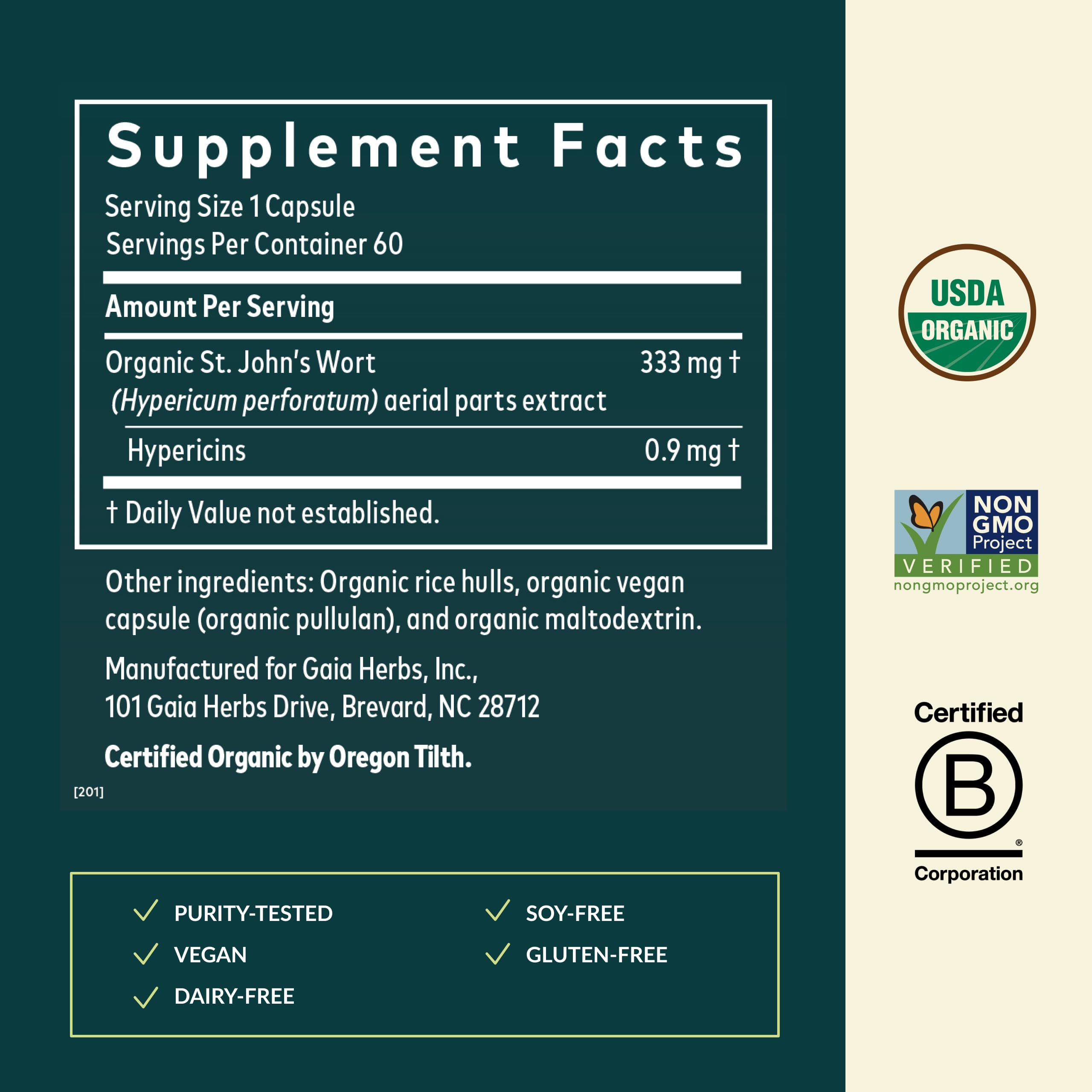 Gaia Herbs St. John's Wort label detail highlights hypericins content