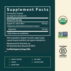 Gaia Herbs St. John's Wort label detail highlights hypericins content