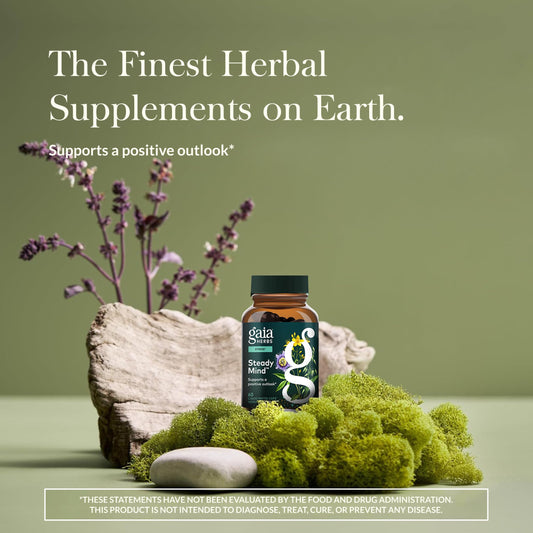 Gaia Herbs Steady Mind capsules show non-drowsy mood support.