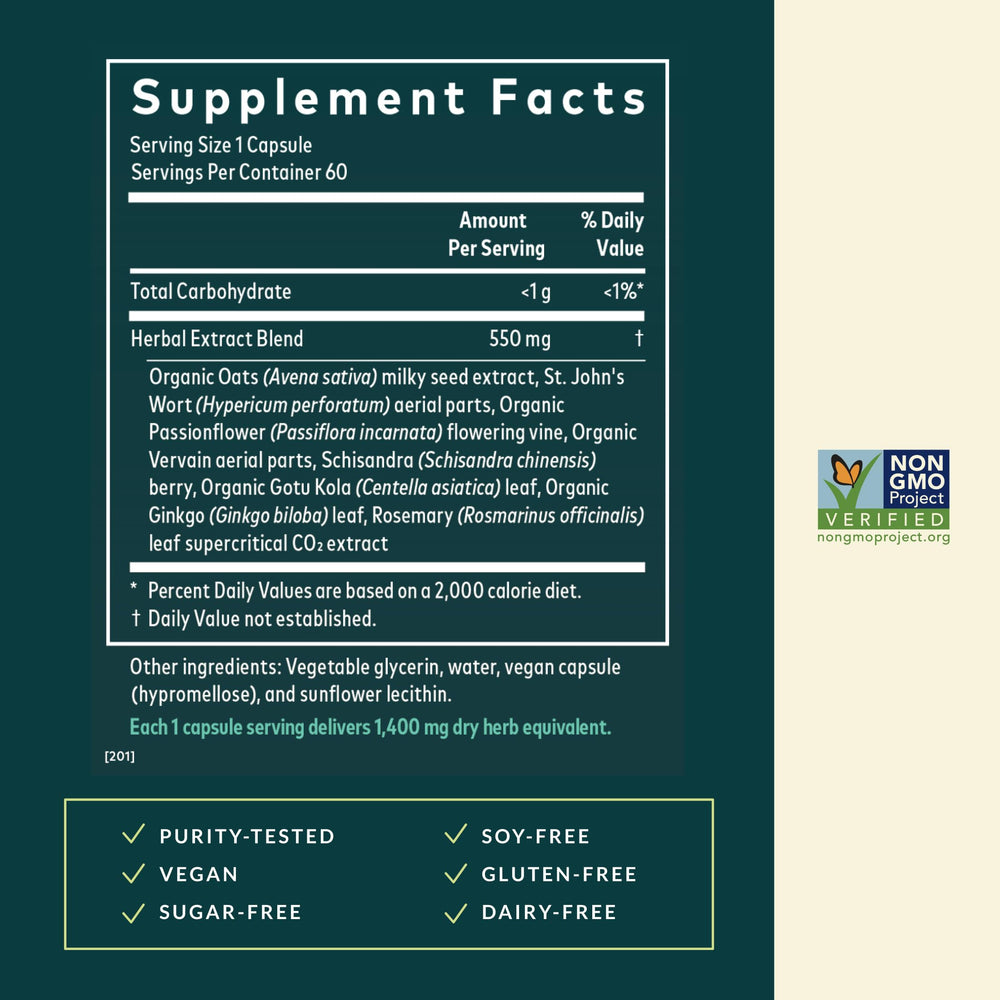 Gaia Herbs Steady Mind label close-up highlights key herbs.