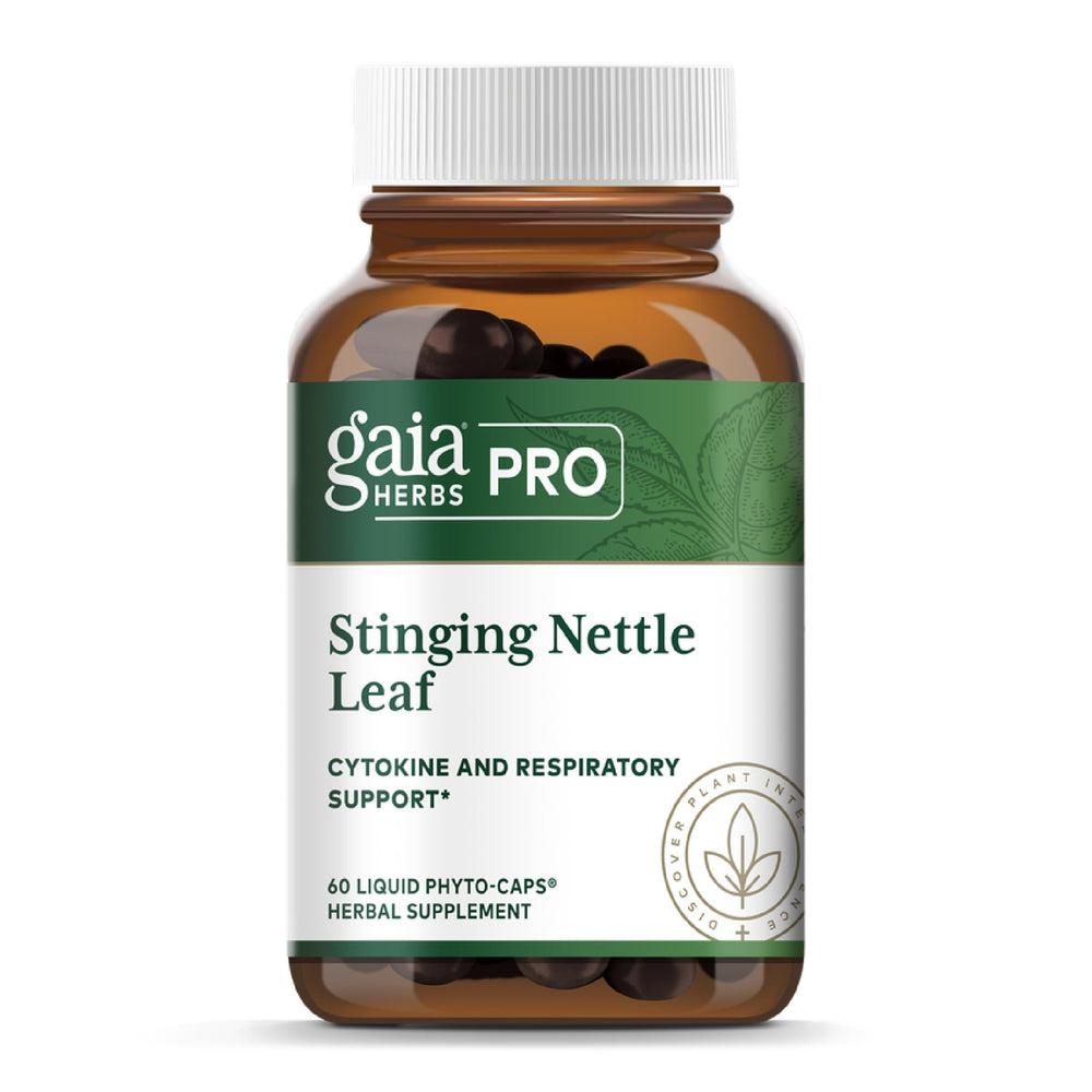Gaia Herbs Stinging Nettle Leaf bottle showing potent extract for respiratory support
