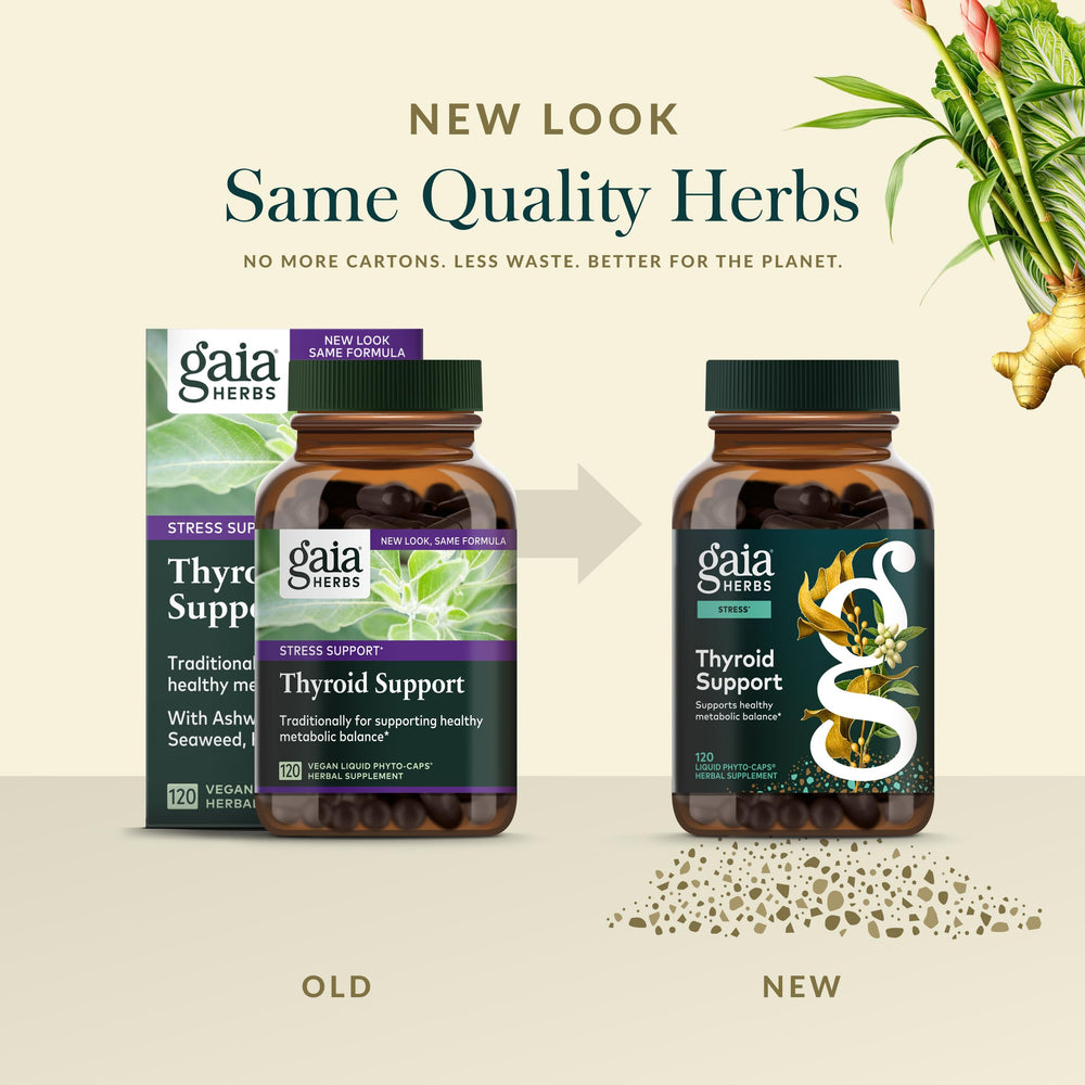 Gaia Herbs Thyroid Support bottle on counter for everyday routine