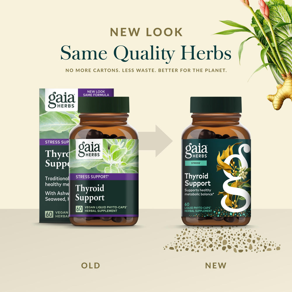Gaia Herbs Thyroid Support capsules close-up showing vegan liquid phyto-caps