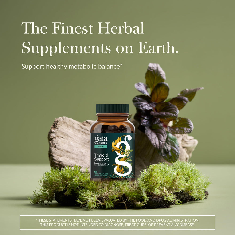 Gaia Herbs thyroid support kelp bottle highlighting iodine rich blend for stress support