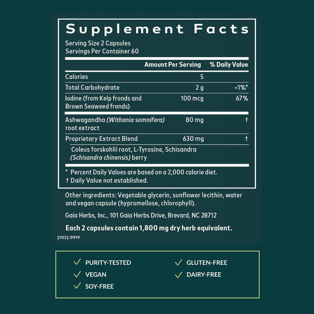 Gaia Herbs Thyroid Support schisandra bottle emphasizing adaptogens for energy balance
