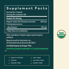 Gaia Herbs Turkey Tail label close-up showing organic fruiting body extract details.