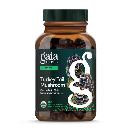 Gaia Herbs Turkey Tail bottle with daily capsules for immune support.