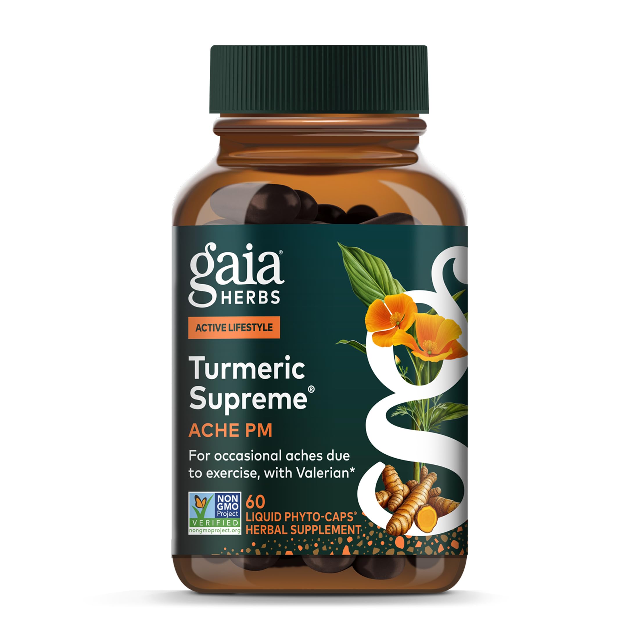 Gaia Herbs Turmeric Supreme Ache P.M. bottle with nighttime calm and calming botanicals.