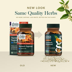 Gaia Herbs Turmeric Supreme Ache P.M. California poppy component underscores calm nightly comfort.