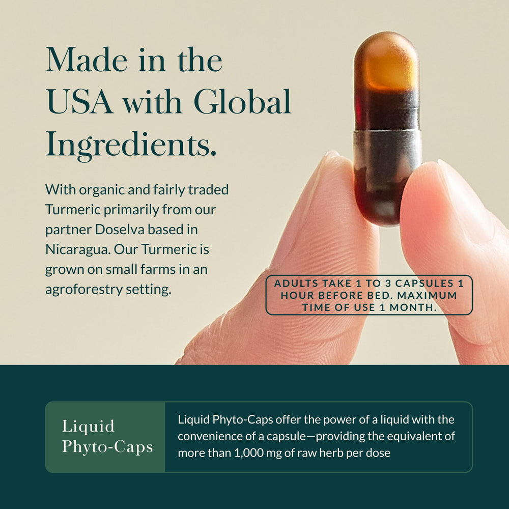Gaia Herbs Turmeric Supreme Ache P.M. turmeric root detail shows key botanical blends.