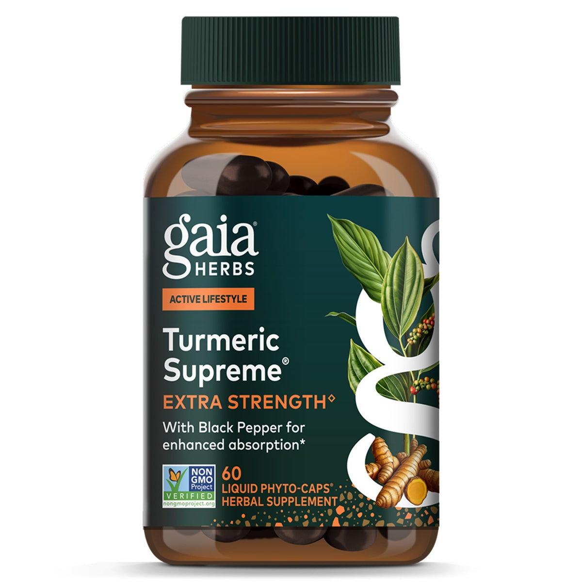 Gaia Herbs Turmeric Supreme Extra Strength bottle front showing active lifestyle support
