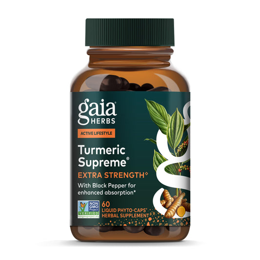 Gaia Herbs Turmeric Supreme Extra Strength bottle on a shelf suggesting mobility support