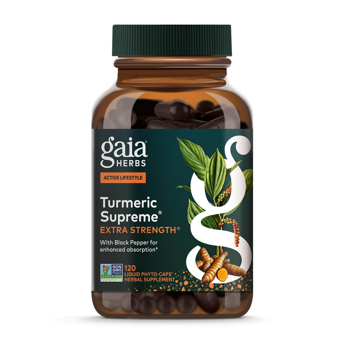 Gaia Herbs Turmeric Supreme Extra Strength bottle for active lifestyle support and healthy mobility