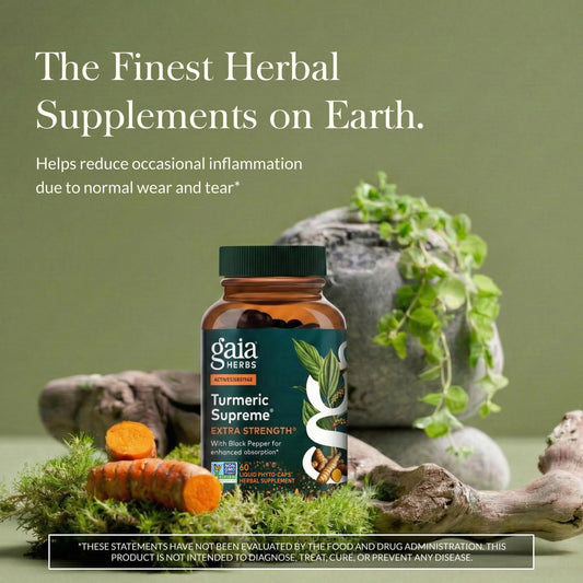 Gaia Herbs Turmeric Supreme Extra Strength capsules ready for daily use