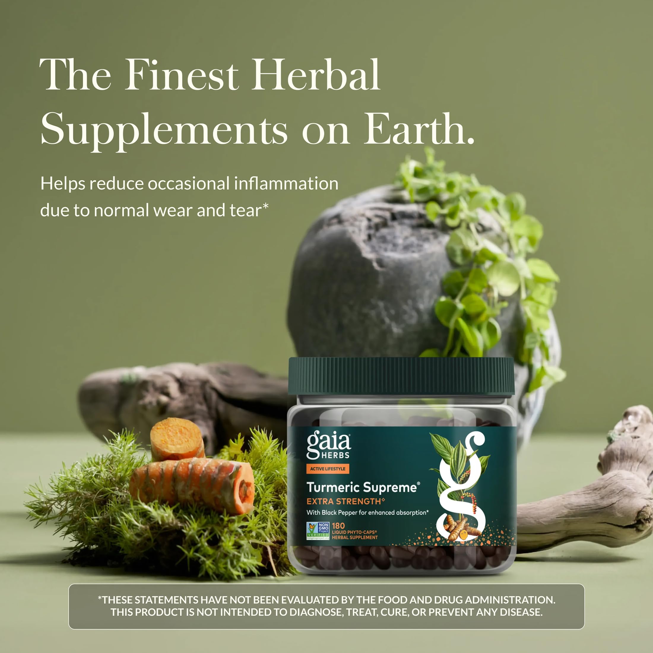 Gaia Herbs Turmeric Supreme Extra Strength pour demonstrates easy daily dosing for active lifestyles.