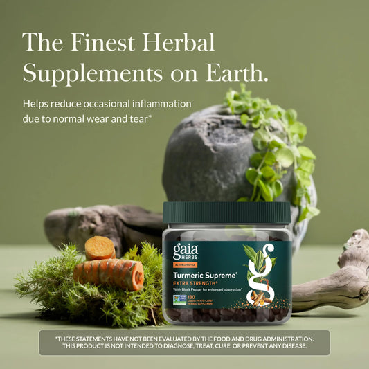 Gaia Herbs Turmeric Supreme Extra Strength pour demonstrates easy daily dosing for active lifestyles.