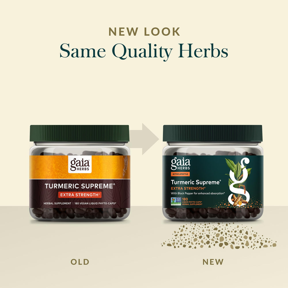 Gaia Herbs Turmeric Supreme Extra Strength is gluten-free, dairy-free, and soy-free for sensitive diets.