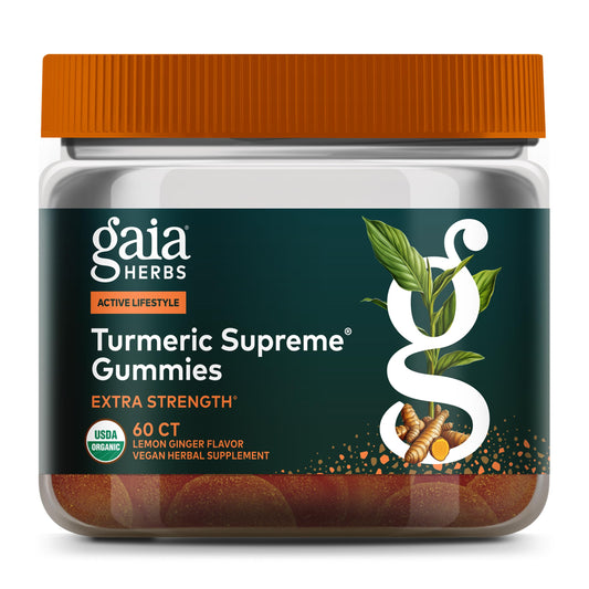 Gaia Herbs Turmeric Supreme Gummies bottle with lemon-ginger flavor promotes daily wellness.