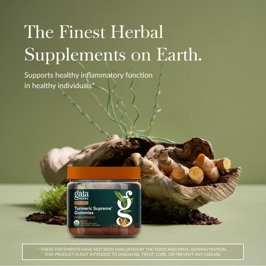 Gaia Herbs Turmeric Supreme Gummies close-up shows chewy texture for easy daily use.