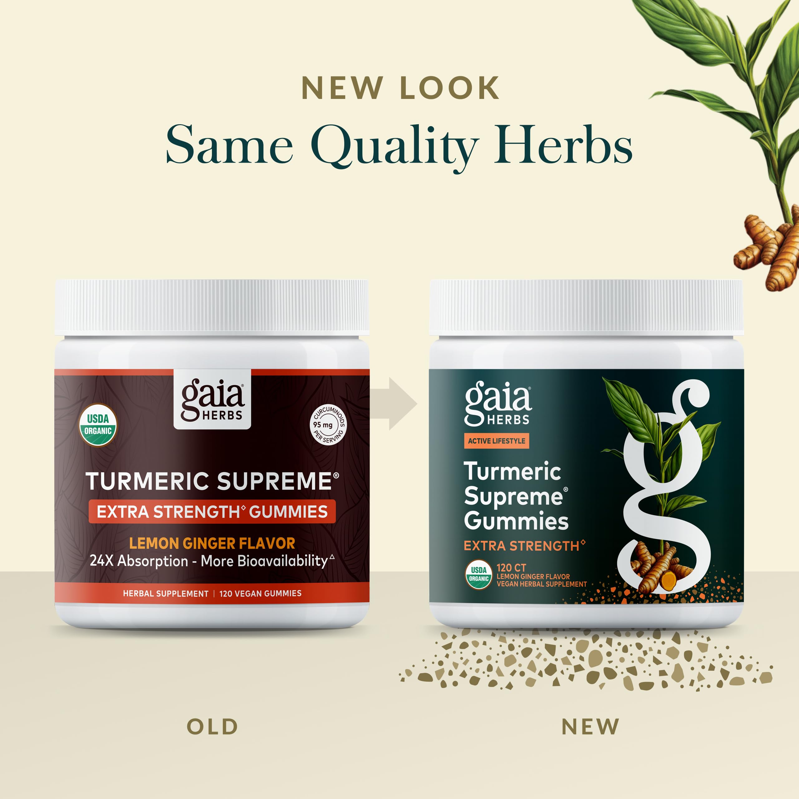 Gaia Herbs Turmeric Supreme ingredients close up emphasizing organic sourcing