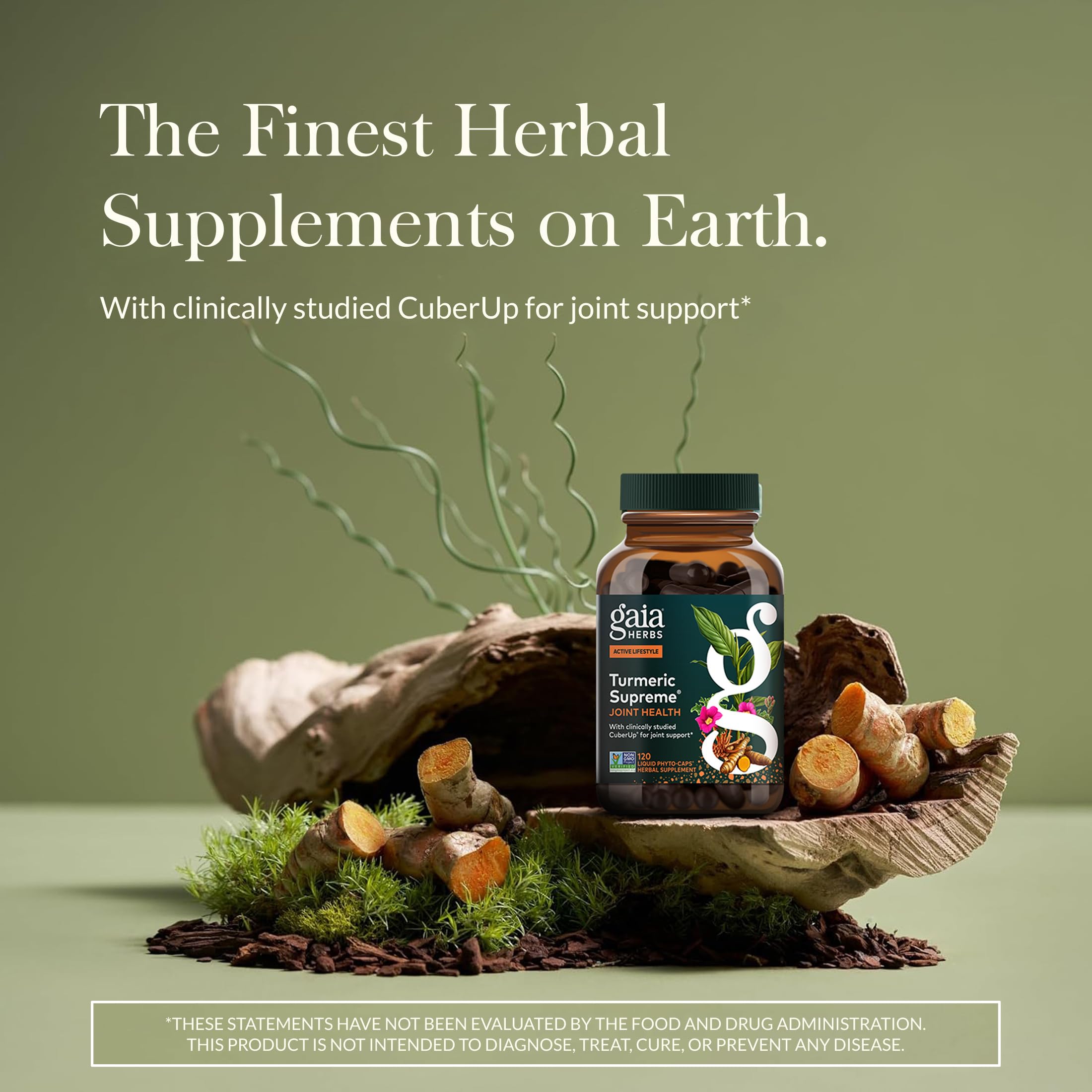 Gaia Herbs Turmeric Supreme capsules for convenient daily joint comfort.