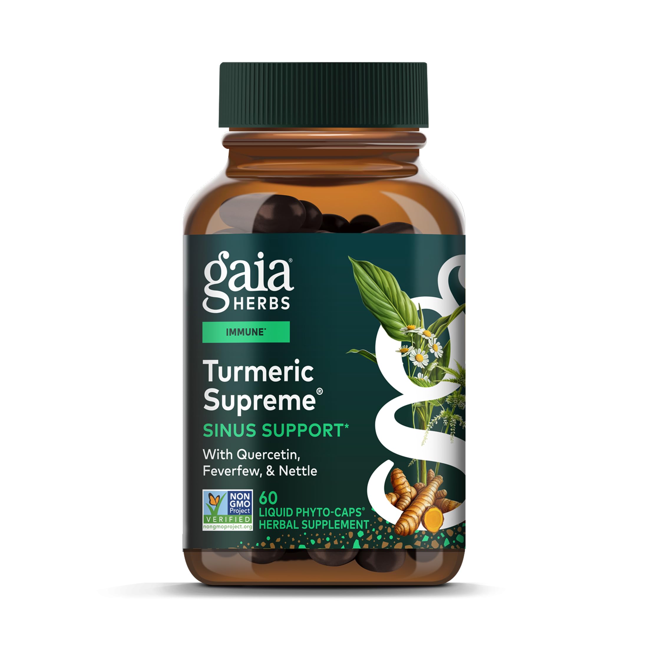 Gaia Herbs Turmeric Supreme Sinus Support bottle shown for sinus comfort and breathing support.