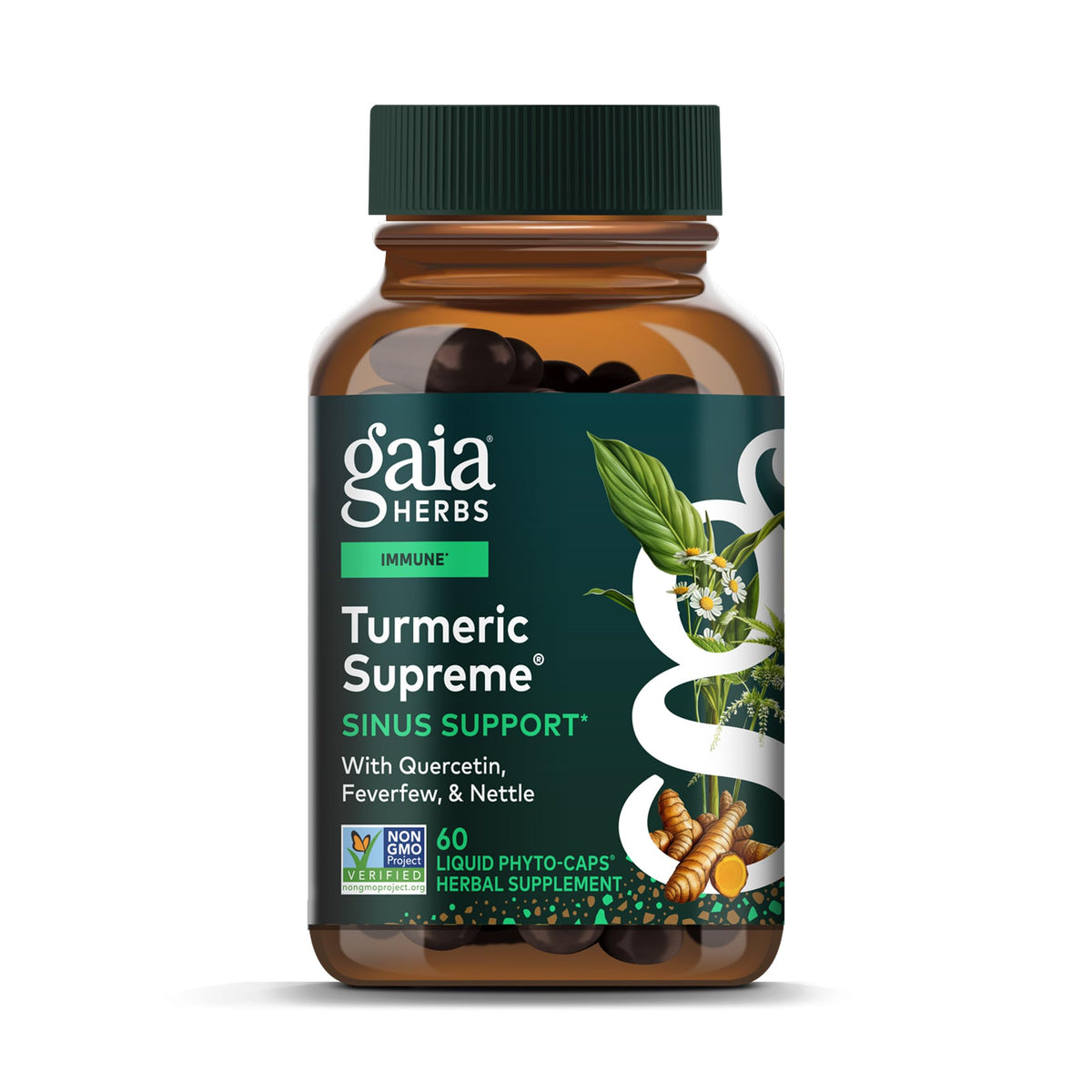 Gaia Herbs Turmeric Supreme Sinus Support bottle shown for sinus comfort and breathing support.