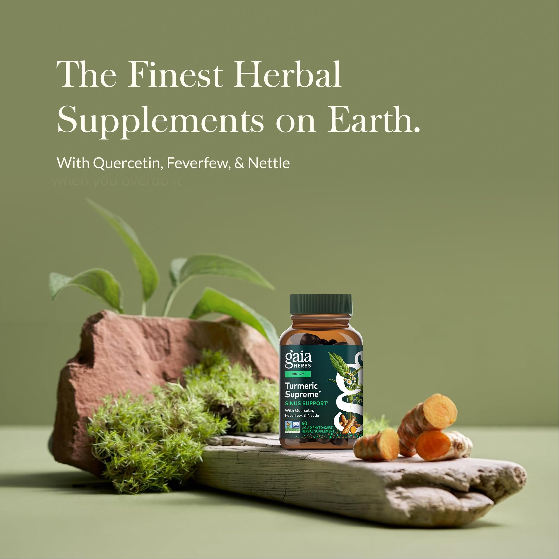 Gaia Herbs Turmeric Supreme Sinus Support label close-up highlighting ingredients and quality.