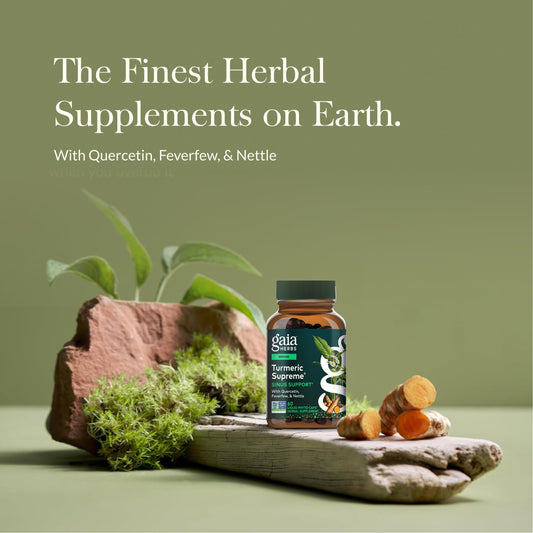 Gaia Herbs Turmeric Supreme Sinus Support label close-up highlighting ingredients and quality.