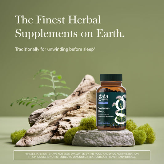 Gaia Herbs Valerian Root capsules close up showing plant based sleep support