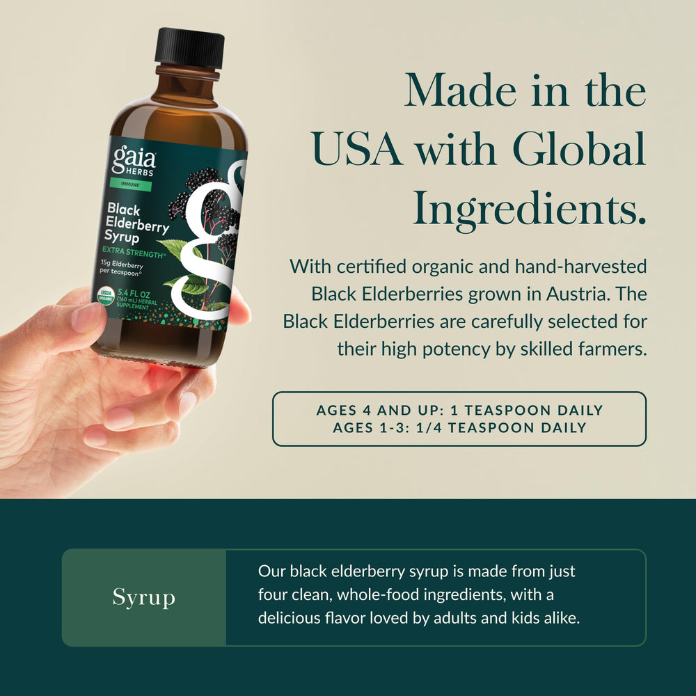 Vegan Gaia Herbs elderberry syrup, grown in a certified organic co-op.