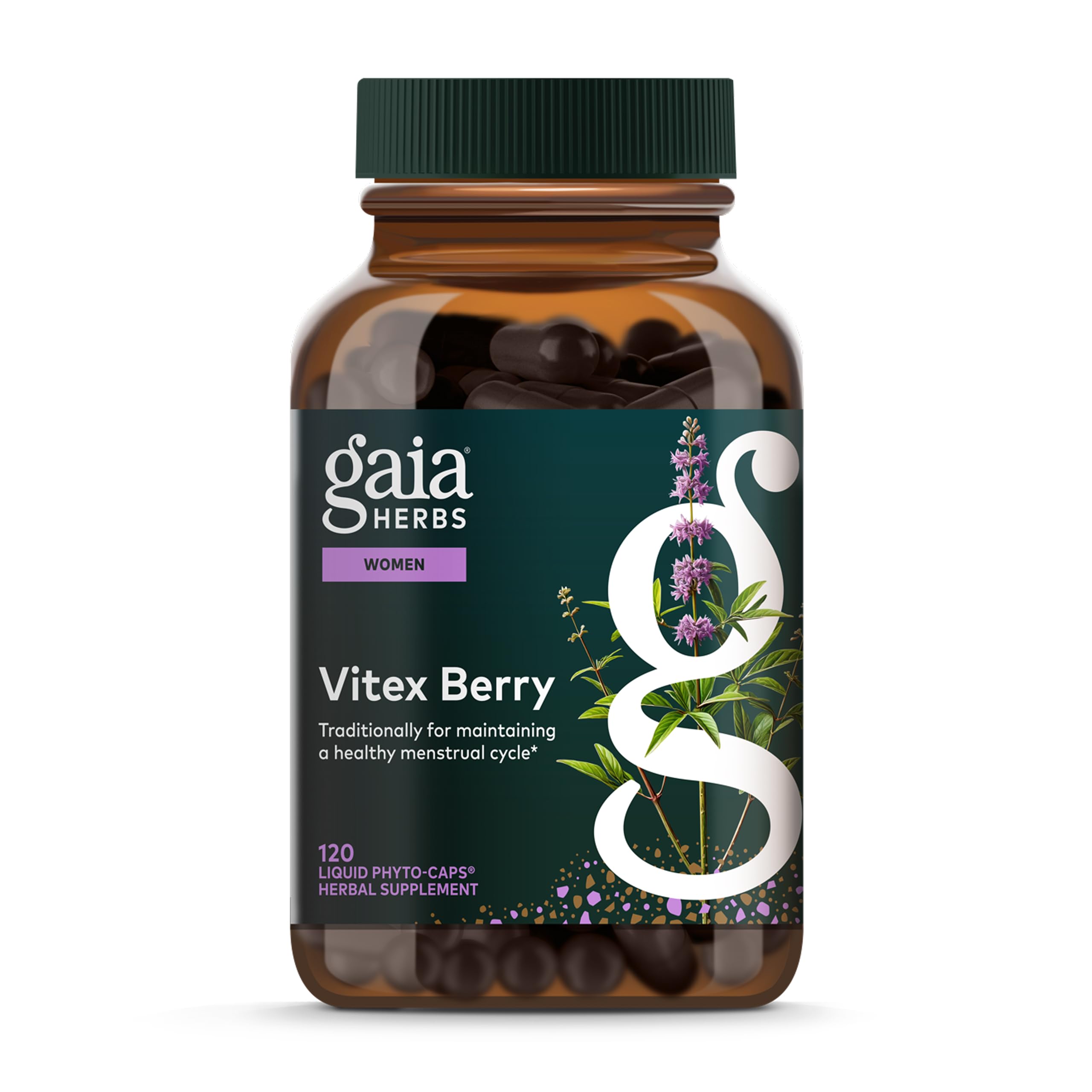Gaia Herbs Vitex Berry bottle front with vegan capsules for menstrual support.