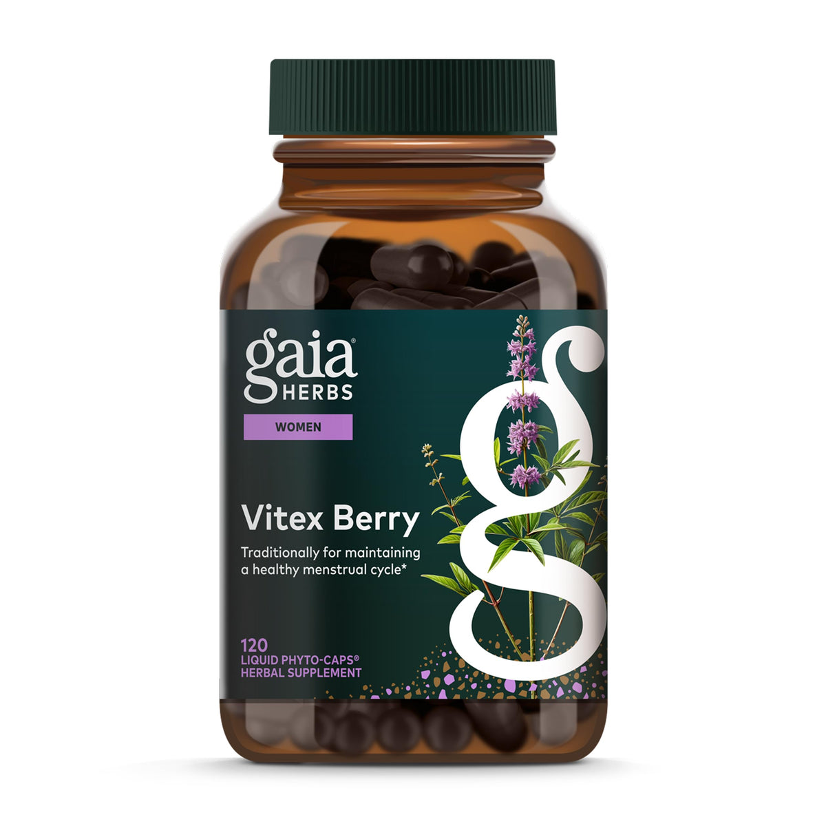 Gaia Herbs Vitex Berry bottle front with vegan capsules for menstrual support.